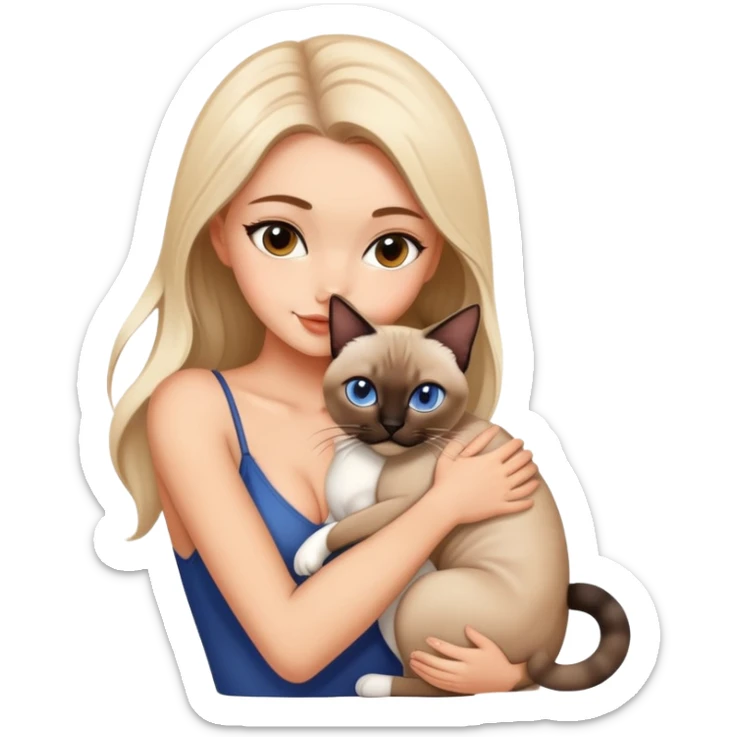 A beautiful and sexy white girl hugs a Siamese cat tightly sticker
