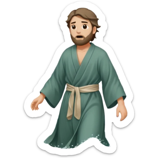 A biblical illustration of Jonah, a weary prophet with simple robes, fleeing towards a stormy seashore. sticker
