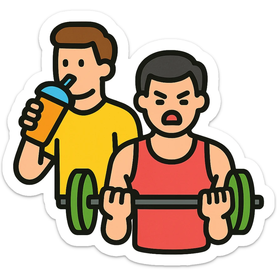 two men at the gym, one working out intensely, the other sipping a smoothie, icon style, clear contrast, simple and recognizable sticker