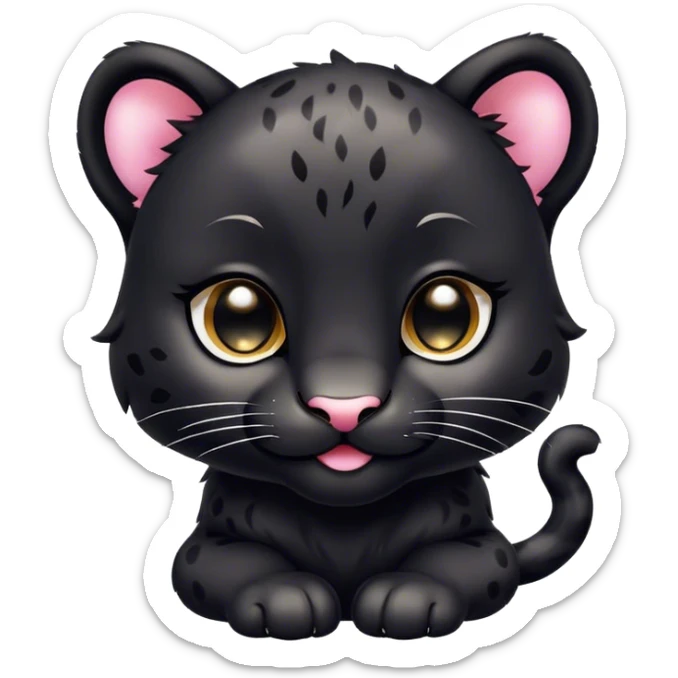 Cinematic Cute Baby Panther Portrait Emoji, Head tilted playfully and inquisitively, with a delightfully compact form accented by soft, velvety fur and round, sparkling eyes filled with wonder, Simplified yet irresistibly adorable features, highly detailed, glowing with a warm, inviting glow, high shine, affectionate and lively, stylized with a touch of whimsical cuteness, bright and endearing, soft glowing outline, capturing the essence of a mischievous yet loving baby panther that seems as if it could tumble out of the screen into your arms! sticker