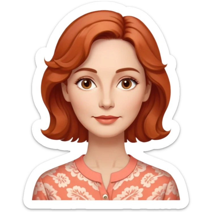 Middle-aged woman with elongated face, gentle structure, prominent cheekbones, warm expression, medium almond dark eyes, softly arched eyebrows, straight slender nose, friendly defined lips, reddish wavy hair with volume, wearing a coral-colored artistic-cut comfortable shirt sticker