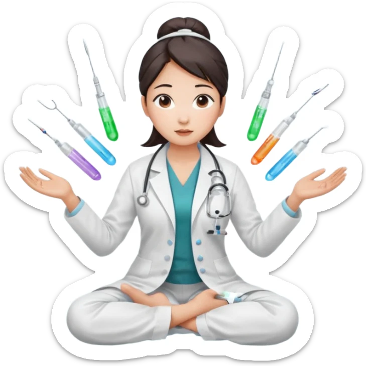 emoji of an asian woman with a single bun in a white lab coat sitting cross legged with micropipettes levitating in an arc around her head, the tips should be pointing away from her and she should not be wearing a steth escope sticker