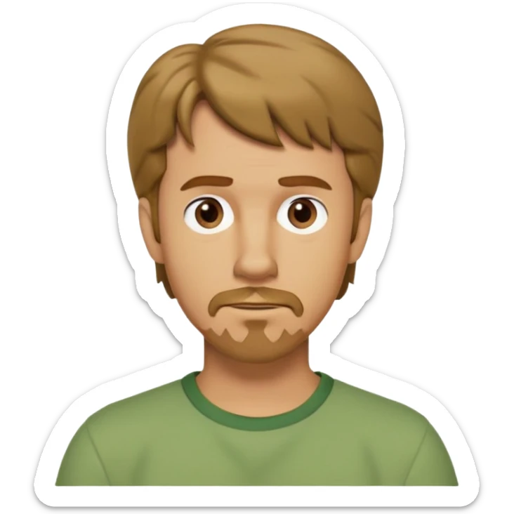 shaggy rogers caucasian man, dark blonde, short goatee, brown eyes, green shirt from scooby doo sticker