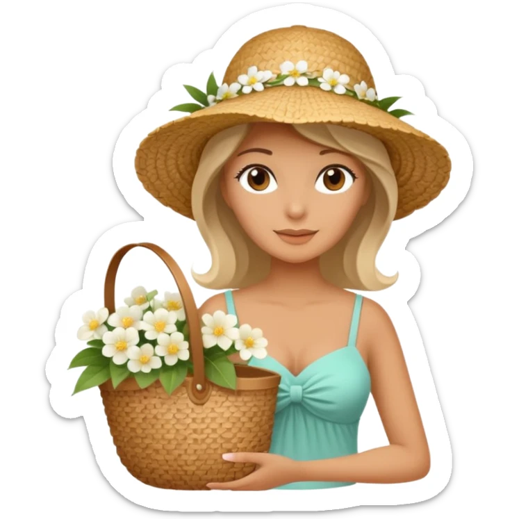 summer beautiful wicker hat, beach beige bag and bouquet of white flowers sticker