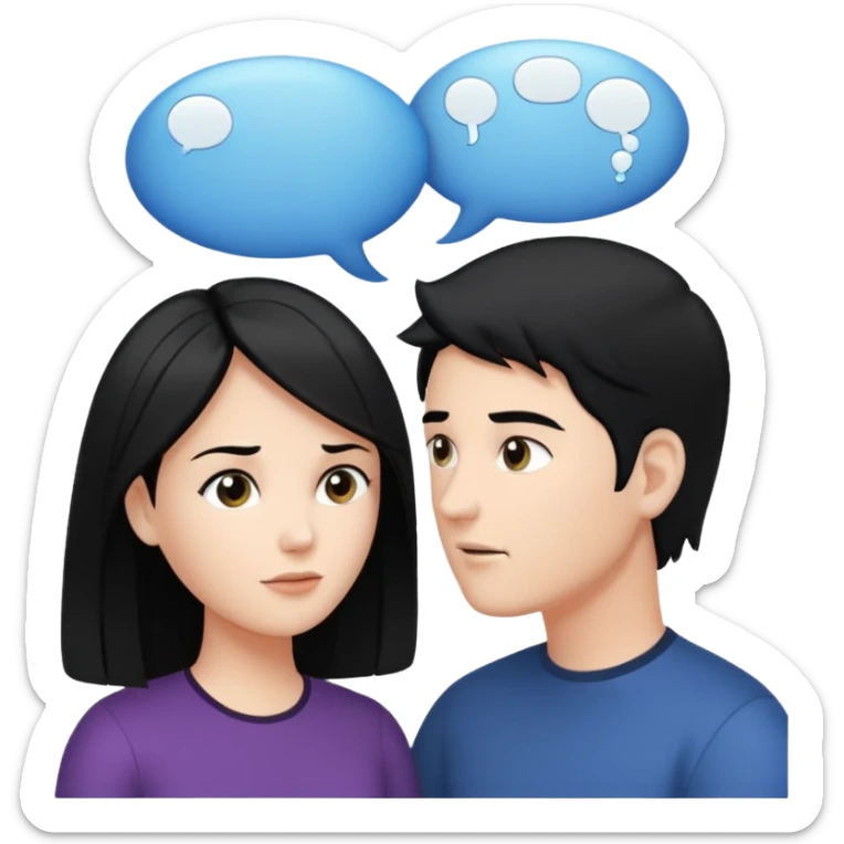 a person chatting up another person, one white male with black hair, one white woman facing each other talking with strictly white speech bubbles above their head,  sticker