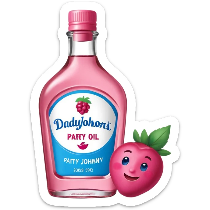 bottle of oil blue top pink outside with logo that says Diddy Party oil Johnson and Johnson  brand with a smiling berry on top sticker