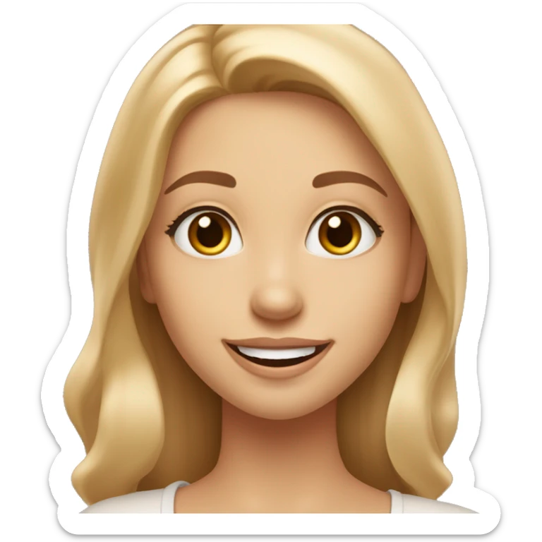girl, heart-shaped face with high cheekbones and slightly pointed chin, almond-shaped eyes of light brown color, framed by long natural lashes. 
Eyebrows arched, medium thick, long light blonde hair, wide smile, showing teeth, joyful and expressive face sticker
