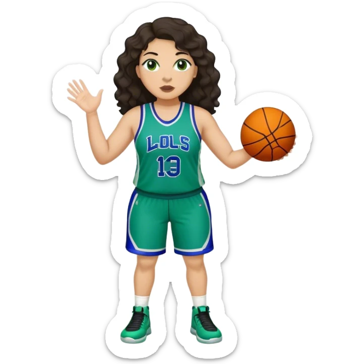 full body plus size light skin latino women basketball player with wavy dark hair large wide nose wearing blue with green uniform sticker