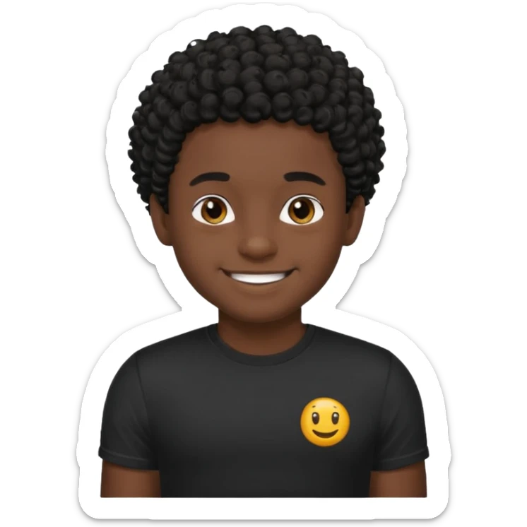 Generate a emoji of a black boy with dark skin, wearing a black compressed T-shirt, with short and very curly black hair sticker