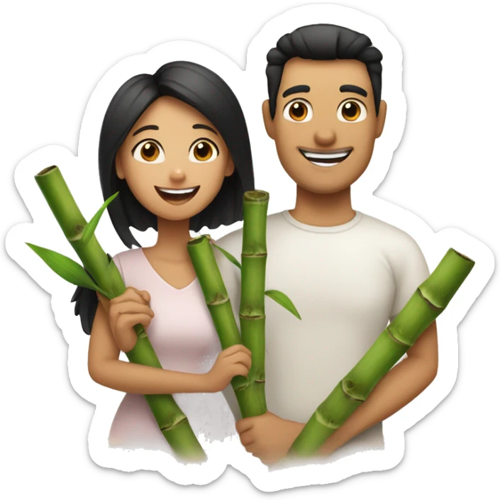 With white skin and black hair and happy face, mom, dad and daughter holding bamboo sticker