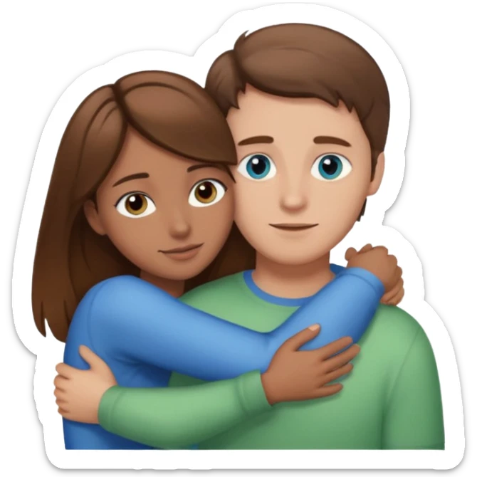White. Guy with brown hair and brown eyes hugging girl with brown hair with highlights and blue green eyes  sticker