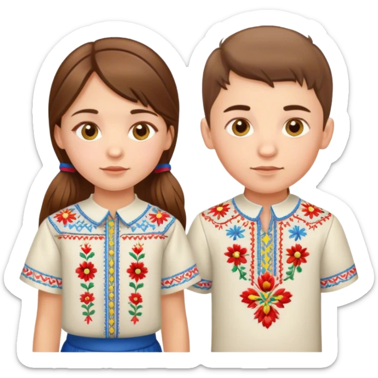 A Ukrainian girl with brown hair in an embroidered shirt and a Ukrainian boy in an embroidered shirt sticker
