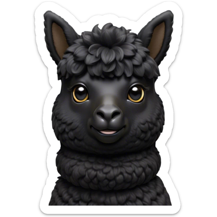 Cinematic Noble Black Alpaca Portrait Emoji, Poised and regal, with a striking, sturdy build and a sleek, well-groomed jet-black fleece, deep-set soulful dark eyes, Simplified yet sharp and sophisticated features, highly detailed, glowing with a soft, dignified glow, high shine, intelligent and mysterious, stylized with an air of elegant austerity, focused and attentive, soft glowing outline, capturing the essence of a watchful and confident companion, so majestic it feels as though it could stride out of the screen with effortless authority! sticker