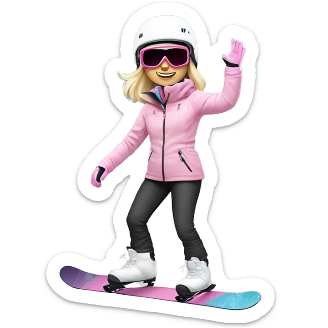 Blonde cute woman snowboarding with pastel colourd jacket, black pants and white helmet and pink googles sticker
