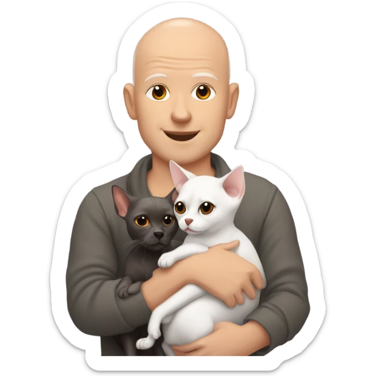 White, bald man is holding a grey, small sphinx cat and woman with dark, straight hair is holding orange, fluffy Pomeranian dog sticker