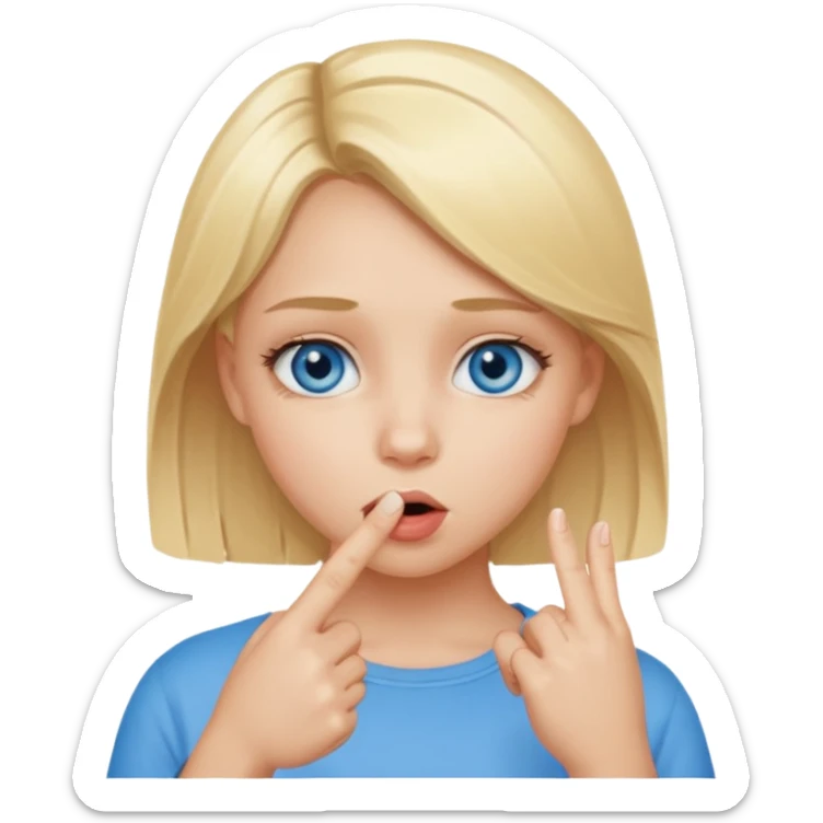 Chica con el dedo índice en la boca , que la chica sea rubia con ojos azules sticker