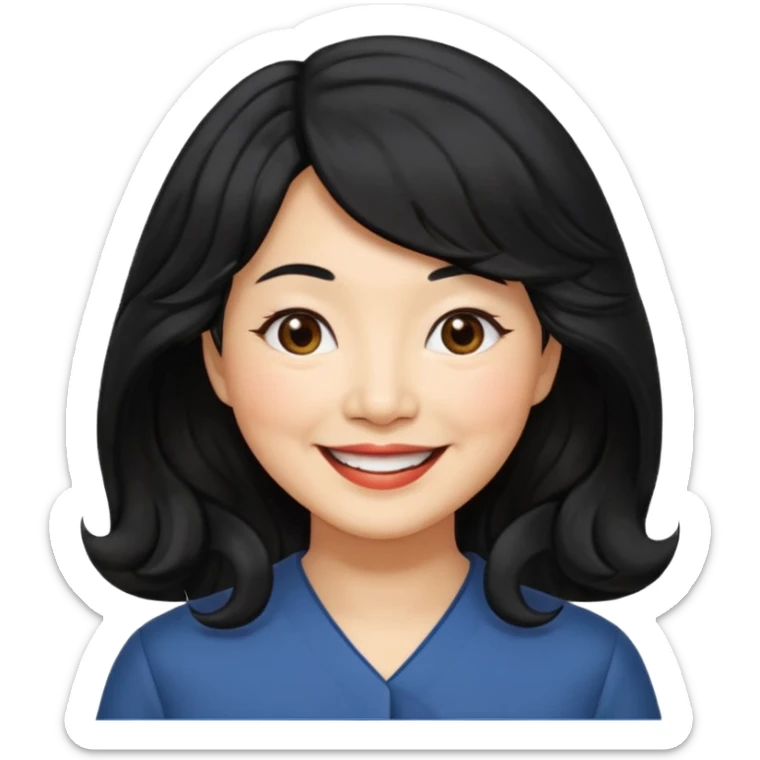 60 yr old asian woman, wavy thick black hair, side part, side swept bang, big smile sticker