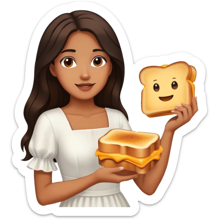 Beautiful woman in 1950’s woman fashion look, white dress, long dark brown hair, grilled cheese sandwiche sticker