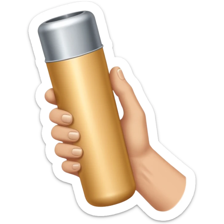 beige skin colored hand holding a cylindrical tube, no sleeves, no clothes sticker