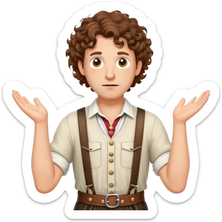 German person with brown curly hair in typical Bavarian clothing (lederhosen) shrugging and looking lost sticker