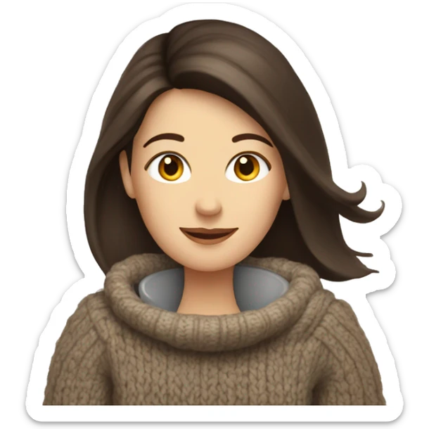 White woman with long straight dark brown hairs in a cozy sweater with a cup of tea sticker