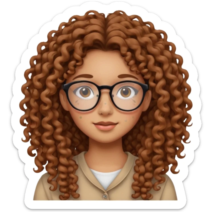 make a really curly hair, teen girl with glasses and little acne that looks like freckles longer like more than shoulder lengthcurly hair, and pretty withe makeup on giving clean girl vibes, and make her have tan skin more blush and really pretty, and the har is really really long

 sticker