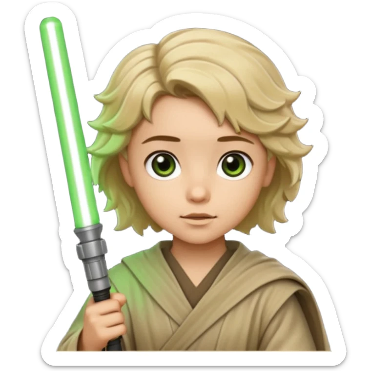 Young jedi with dark brown eyes and sandy blonde wavy short hair holding a green light saber.  sticker