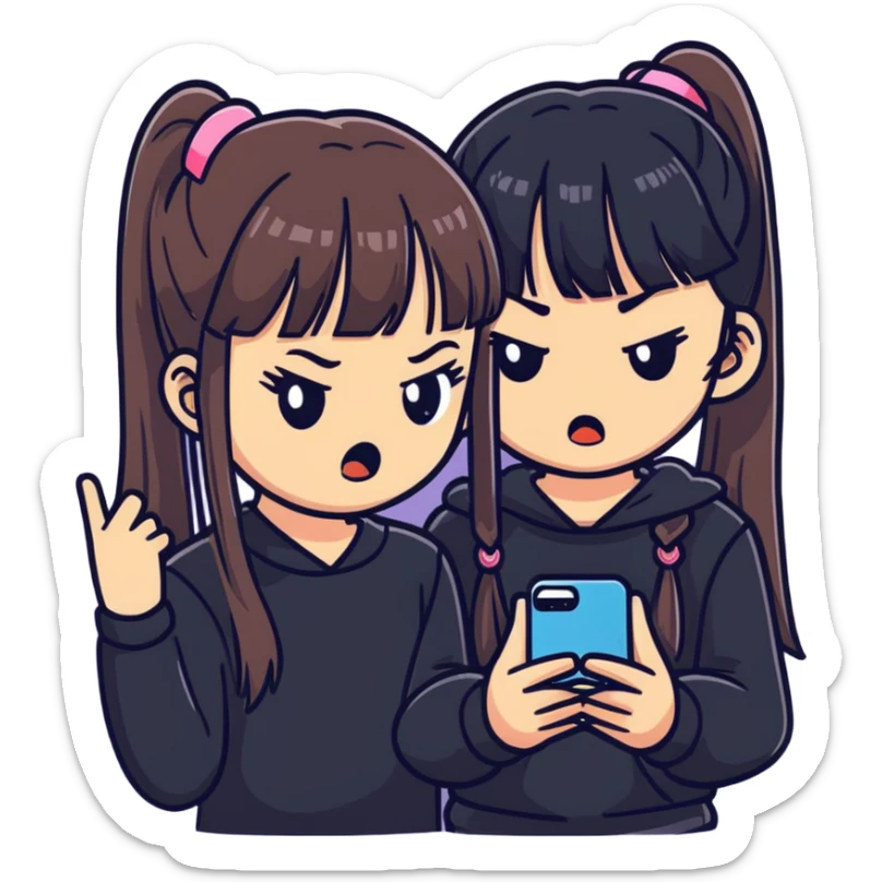 cute girl with two long ponytails and straight bangs, dark outfit, angry emoji-like face with furrowed brows and puffed cheeks, gripping smartphone, floating phone screen displaying happy couple causing jealousy, minimal, bold, expressive, pink background sticker