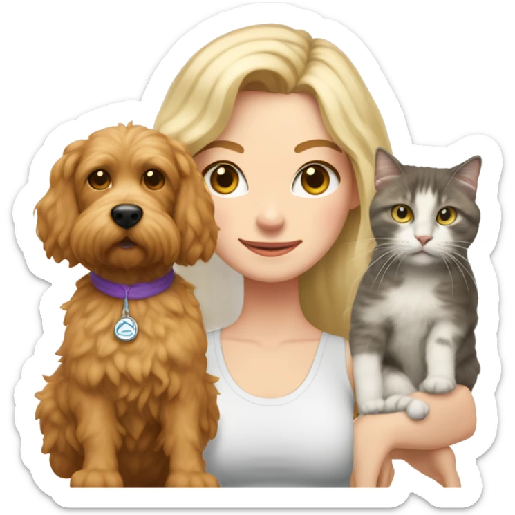 white woman with long blonde hair and cat shaped eyes wearing a yoga outfit standing alongside a tri-colored bernadoodle dog sticker
