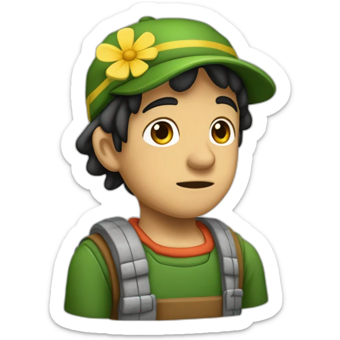 Chavo de camisa verde con flores pequeñas amarillas de cabello negro y tez claro medio triste  sticker