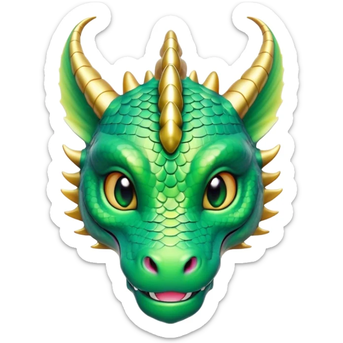 Cinematic Cute Dragon Portrait Emoji, Head tilted playfully and inquisitively, featuring a sleek, serpentine form adorned with iridescent scales that shift between emerald and gold, a delicate set of subtle horns, and round, sparkling eyes full of curious magic; rendered with realistic detail and warm natural light, high shine, affectionate and enchanting, styled with a touch of whimsical fantasy, soft glowing outline, capturing the essence of a mischievous yet lovable dragon that seems poised to slither playfully into your arms! sticker