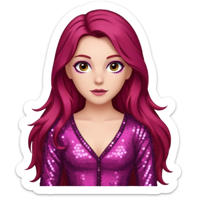 Chappell Roan (b.1998) with long dark red hair, dark pink sequin outfit, makeup sticker