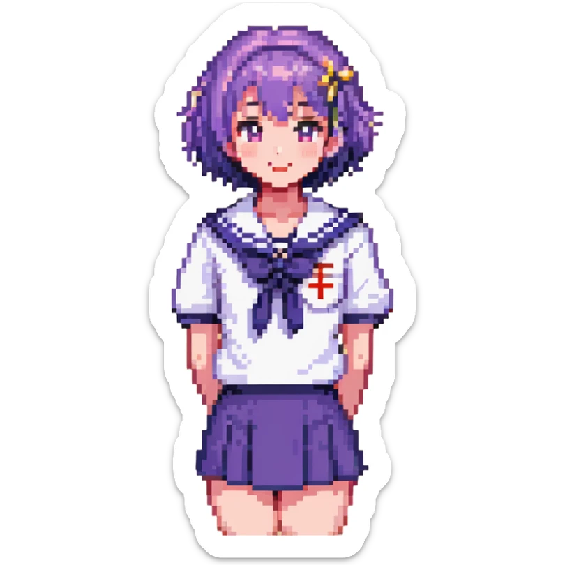 Pixel art anime girl with short bright purple hair wearing Japanese sailor style school uniform, composed posture with hand on hip but shyly waving with other hand, blushing face and timid smile, very shy expression sticker