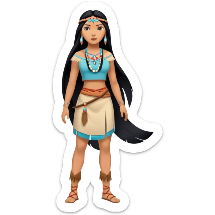 full body Pocahontas with Native American dress, long black hair, minimal style sticker