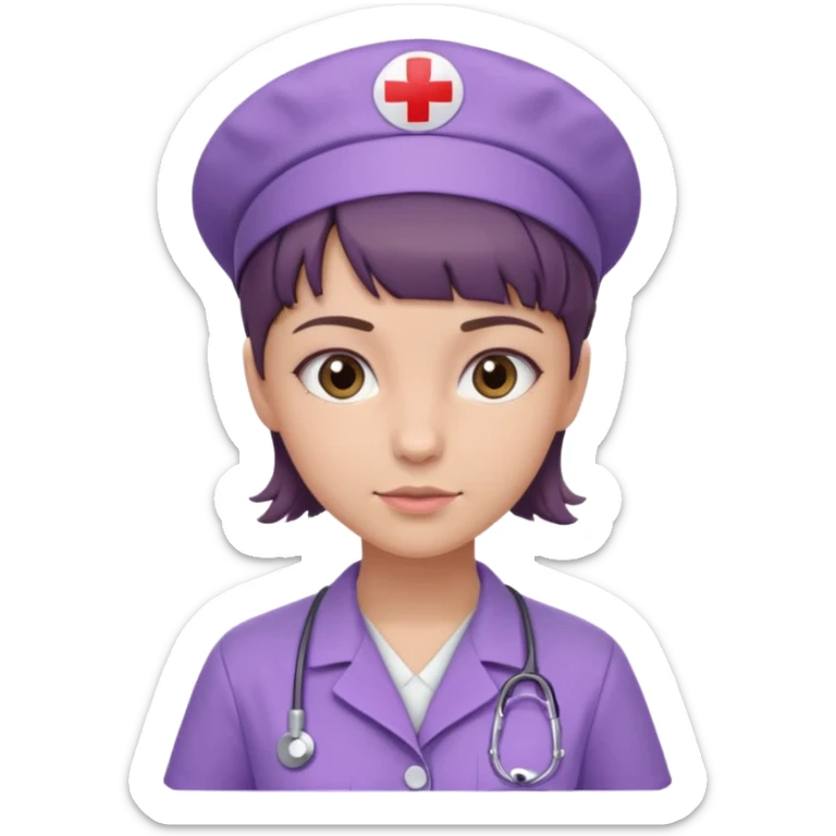 A young female slim nurse with short Brown hair with fringe over her forehead, wearing larvendar purple working cloth sticker
