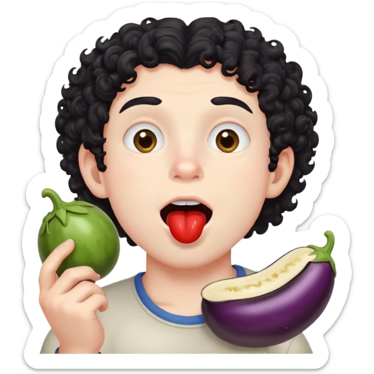 Black curly hair boy pale skin mout watering eating an eggplant with red cheeks sticker