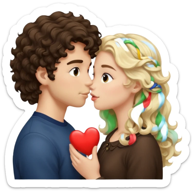 White Italian boy with dark brown wavy fluffy hair and blonde girl that's pale with wavy hair kissing sticker