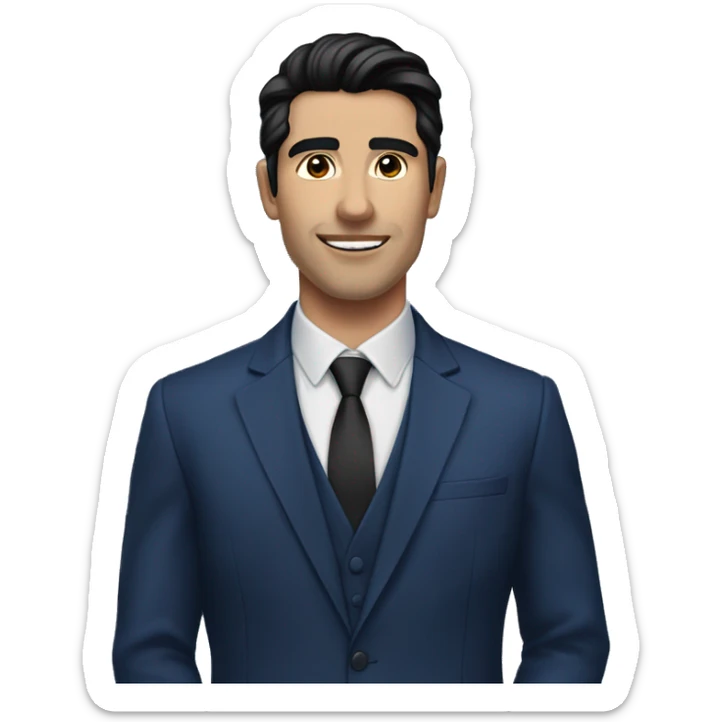 Handsome male, black hair, wearing dark blue suits, Background with buildings, white skin, pampadour cut with fade, Blue color background sticker