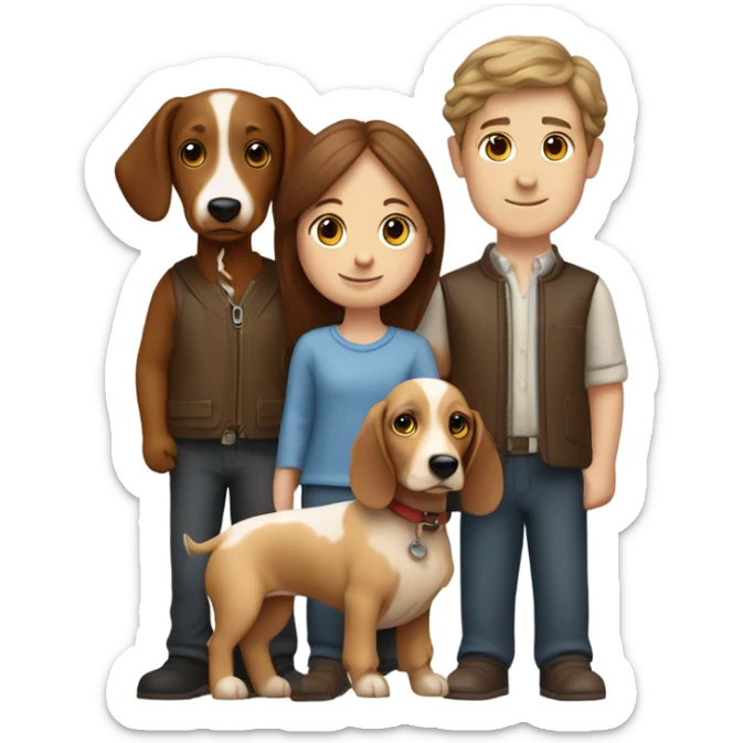 A couple (boy and girl) with a spaniel called spencer and a sausage dog called ludo  sticker
