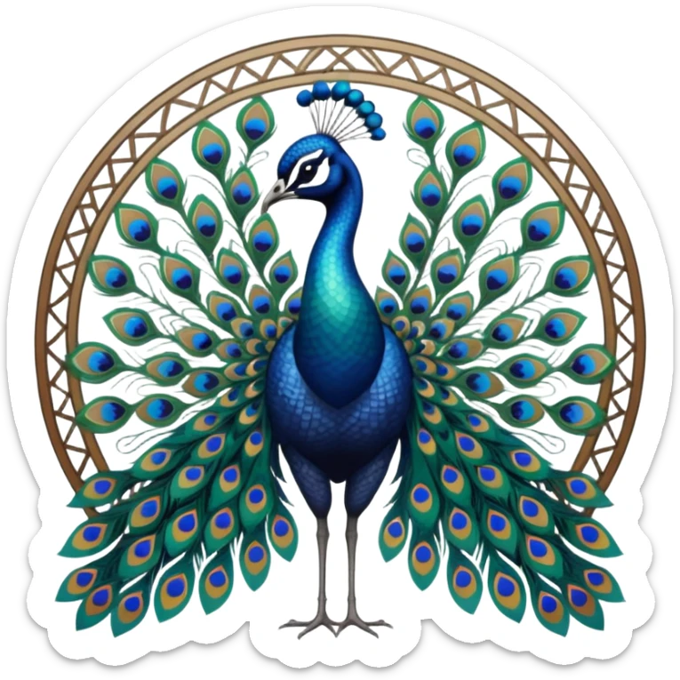 Must be 4k hd quailty, must have no emoji faces, must have no emoji icons, must have no human figures. Art Nouveau poster design featuring a peacock with iridescent feathers spreading into intricate geometric patterns sticker