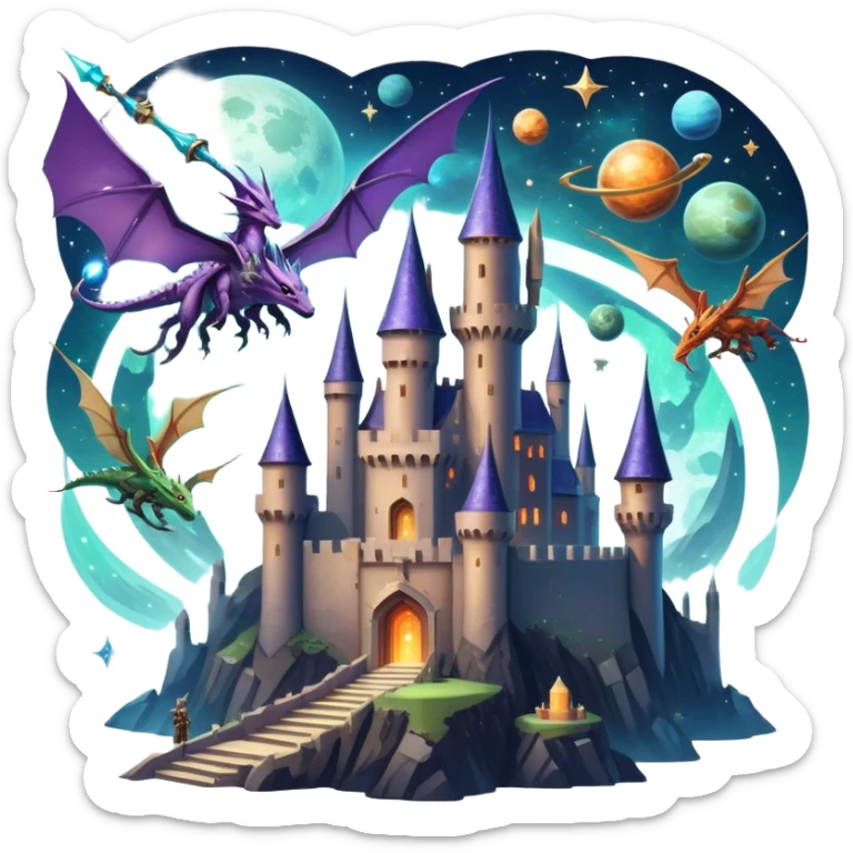 Icon for Fantasy and Sci-Fi Movies: A magical collage with flying dragons and futuristic spaceships. Stars and planets shimmer in the background with a mystical castle Hogvards and an ancient wizard holding a staff. The atmosphere is epic, otherworldly and adventurous. Transparent background. sticker