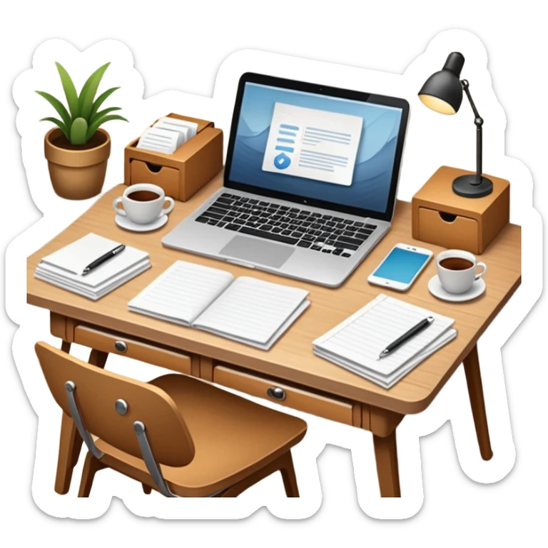 emoji of a cozy desk with a paper and a laptop on it sticker