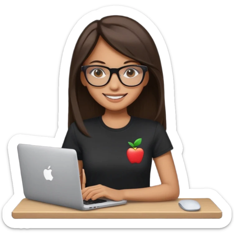 woman with tan skin, long straight dark-brown hair and glasses, smiling and holding mac computer, wearing black t shirt sticker