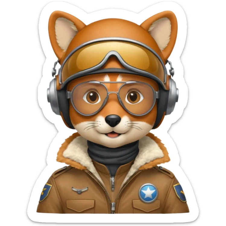 renard aviateur, casque en cuir, écharpe blanche, lunettes "climax" sur le casque au dessus des yeux, blouson aviateur sticker