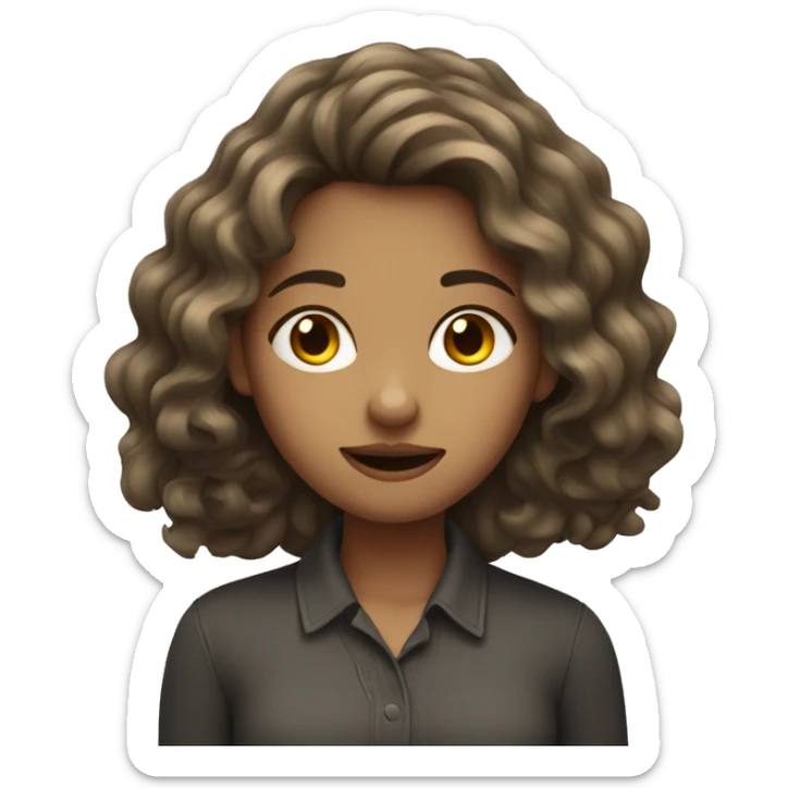 a wavy hair girl, with a quiet hand sign in mouth sticker