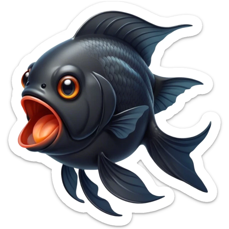Cinematic Cute Yawning Black Goldfish Portrait Emoji, Head tilted slightly with a dramatic, wide-open yawn, showcasing a smooth, deep black body with elegant, flowing fins, eyes barely open in drowsy contentment, Simplified yet irresistibly adorable features, highly detailed, glowing with a soft, cozy glow, high shine, relaxed yet expressive, stylized with a touch of whimsy, bright and endearing, soft glowing outline, capturing the essence of a sleepy yet affectionate goldfish, so drowsy it feels like it could float out of the screen and curl up for a nap! sticker