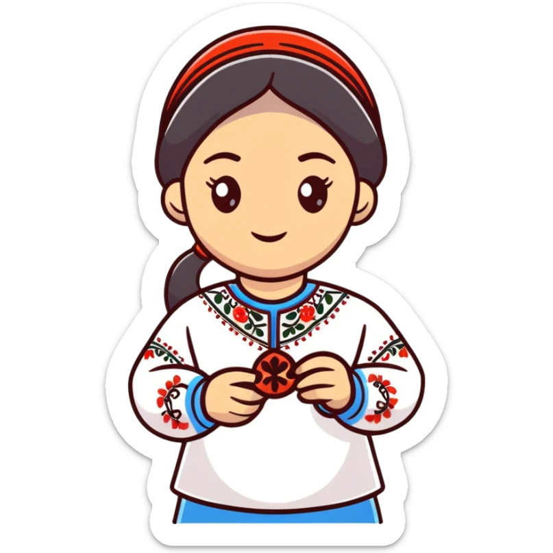 Ukrainian girl in traditional embroidered vyshyvanka shirt holding a DNA molecule in her hand sticker