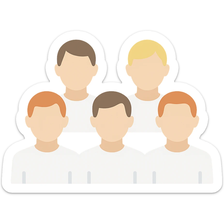 group of 6 men, all with white skin tone, all wearing white shirts, standing together sticker