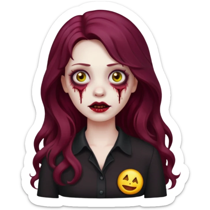 Faça me um emoji de um zumbi mulher de cabelos vermelho borgonha longos ondulado usando uma blusa preta, faça no estilo iphone sticker