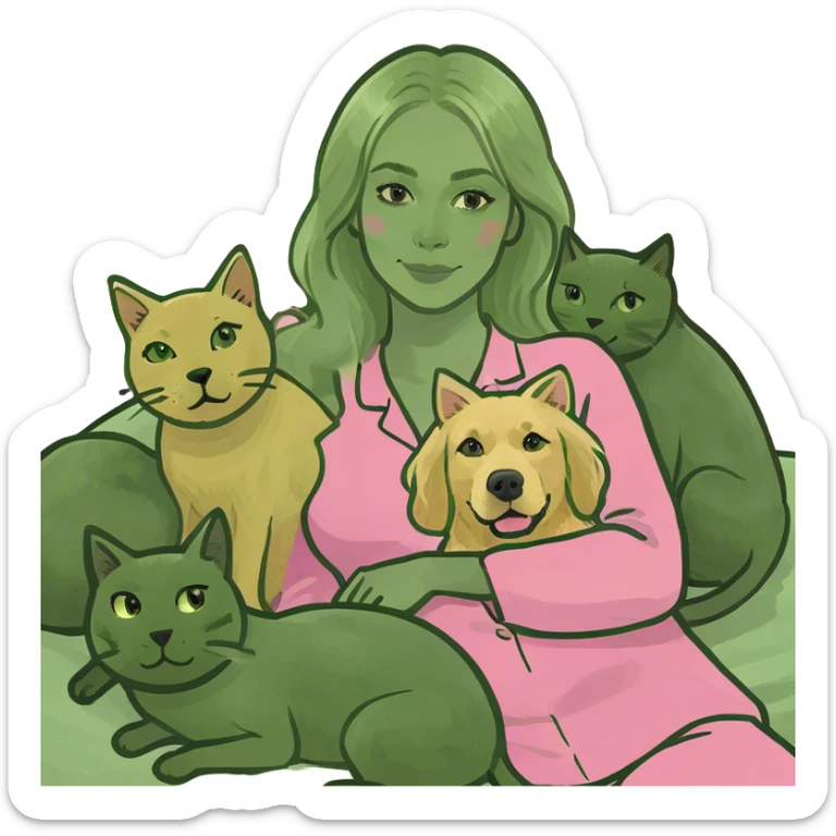 Blonde woman in bed with two cats and a golden retriever sticker